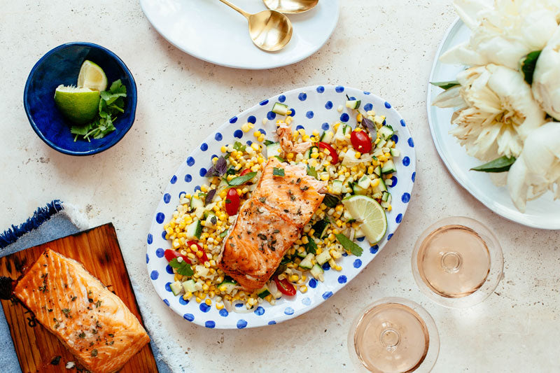 Cedar Planked Salmon with Fresh Corn and Zucchini Sauté
&ndash; Fire &amp; Flavor
