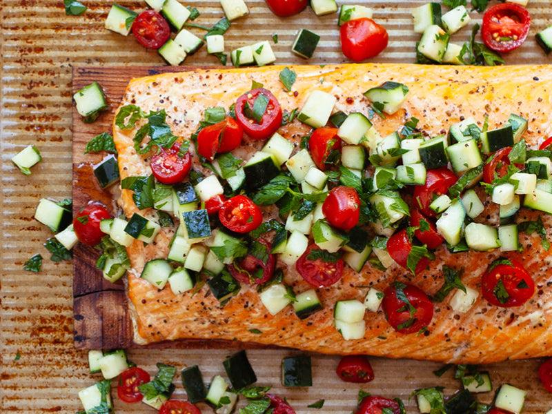 Planked Salmon with Tomato Cucumber Salad – Fire & Flavor