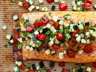 Planked Salmon with Tomato Cucumber Salad