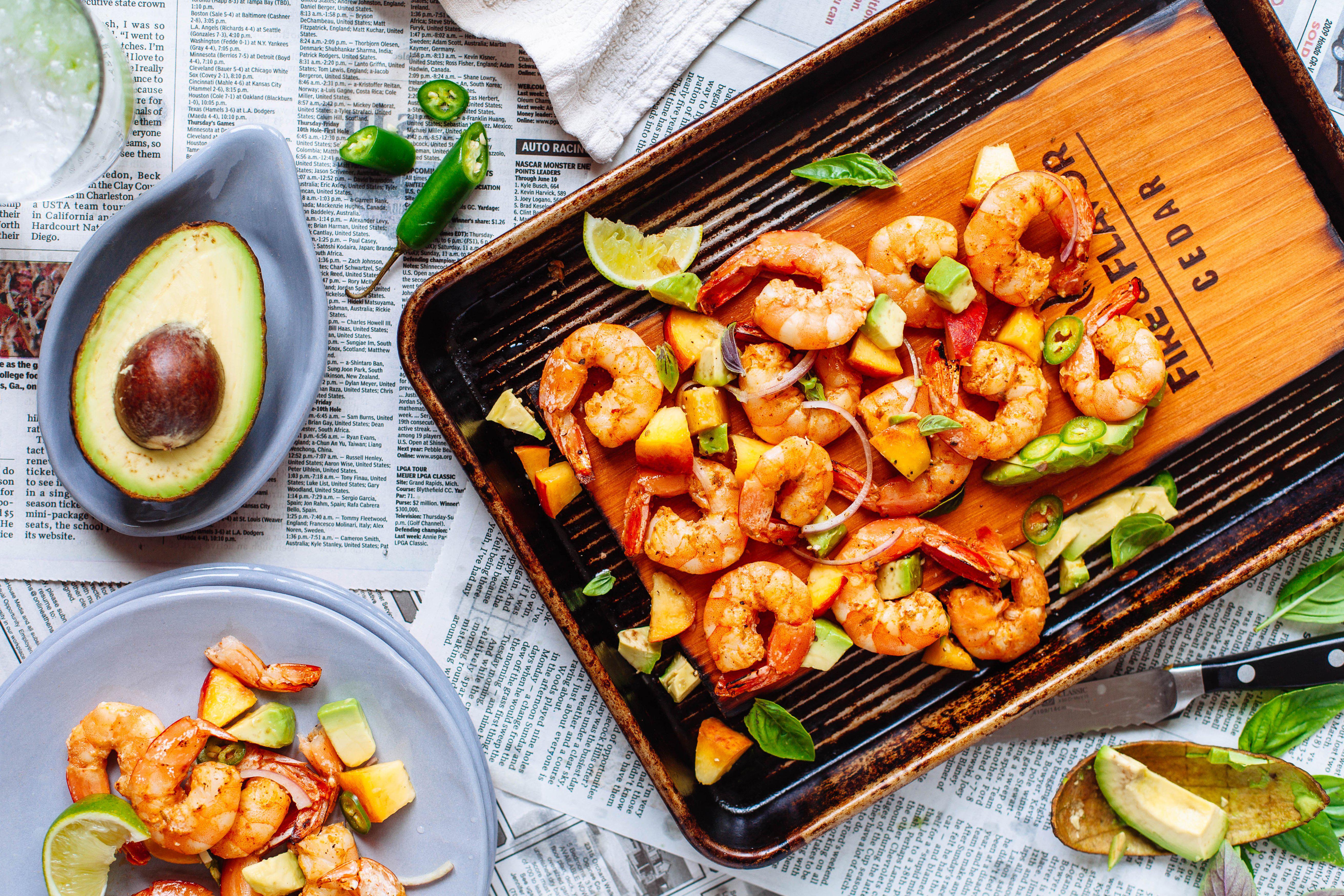 Planked Shrimp with Peach and Avocado Salsa
&ndash; Fire &amp; Flavor