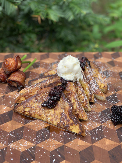 Grilled Brioche French Toast with Lemon-Blackberry Sauce & Candied Bacon Roses