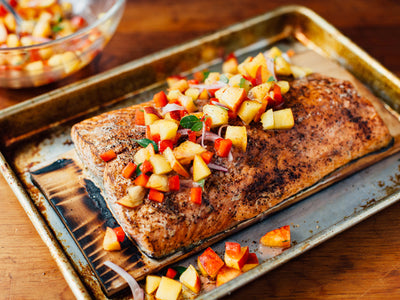 Planked Salmon with Coffee Rub and Fruit Salsa
