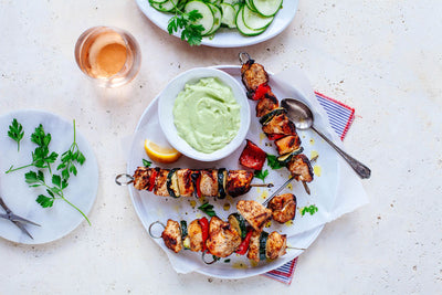 Chicken Kabobs with Cucumber Salad and Avocado Cream