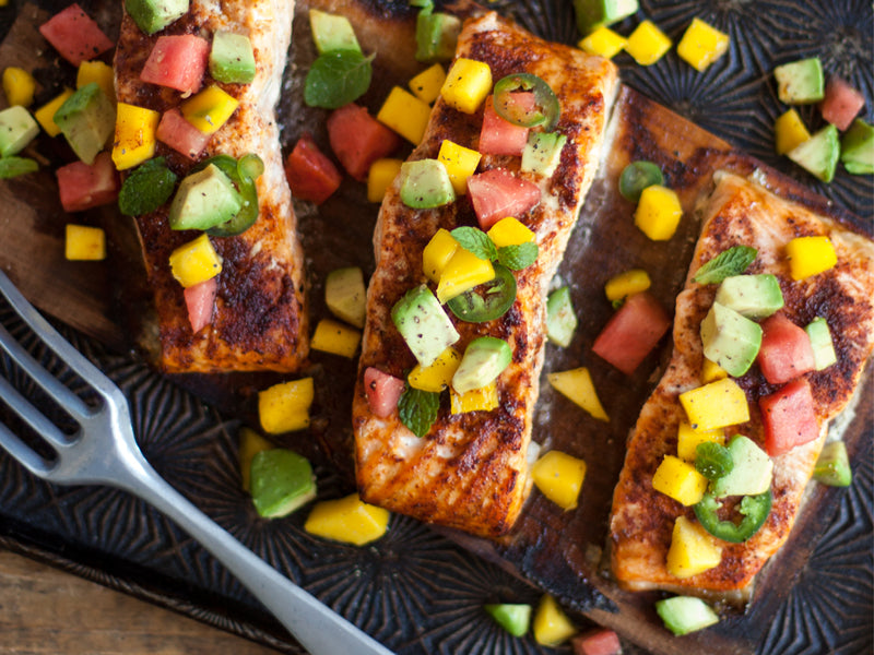 Cedar Plank Grilled Salmon with Mango and Watermelon Salsa Fire & Flavor