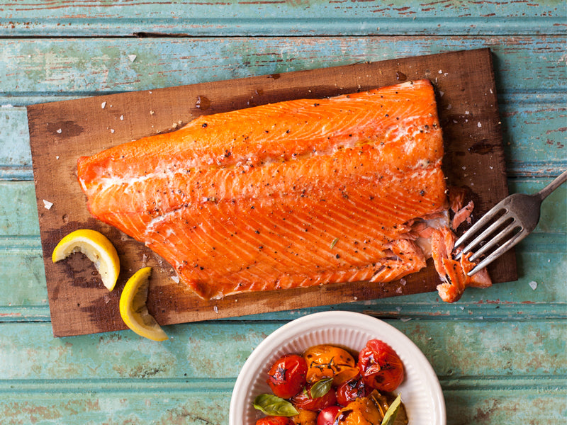 Cedar Planked Salmon with Blistered Tomatoes and Basil Fire & Flavor